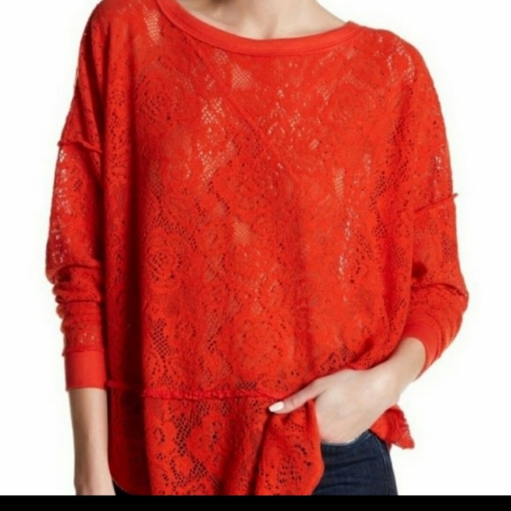 Free People Burnt Orange Soft Crochet Relaxed Sweater Size M